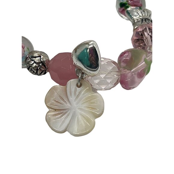 Handcrafted Lampwork Glass Beads Stretch Bracelet Silver Tone Floral Charms - Picture 2 of 5